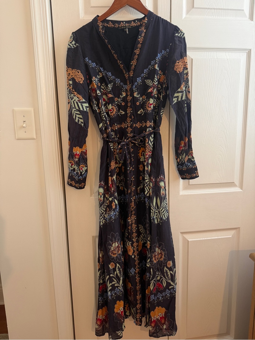 Bohemian Floral Long-Sleeve Maxi Dress in Navy